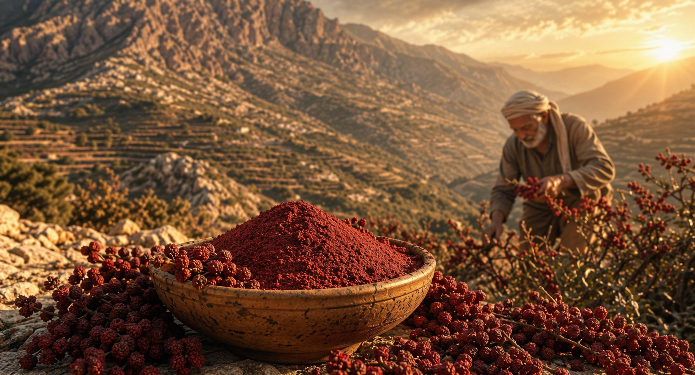 Wild sumac harvest at sunset on the slopes of Mount Lebanon